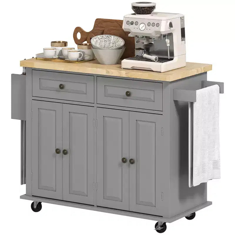 Isola da Cucina con Ruote | Piano in Legno di Gomma | Porta Spezie | Cassetti | 111.1 cm L