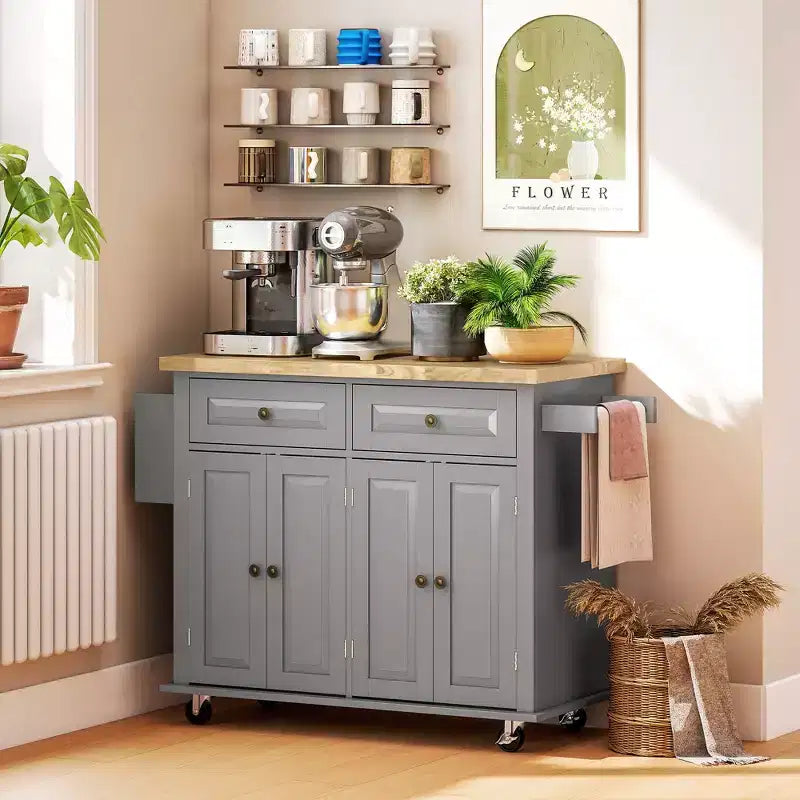 Isola da Cucina con Ruote | Piano in Legno di Gomma | Porta Spezie | Cassetti | 111.1 cm L