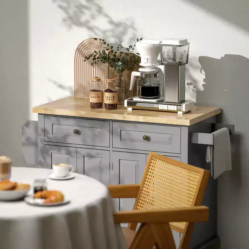 Isola da Cucina con Ruote | Piano in Legno di Gomma | Porta Spezie | Cassetti | 111.1 cm L