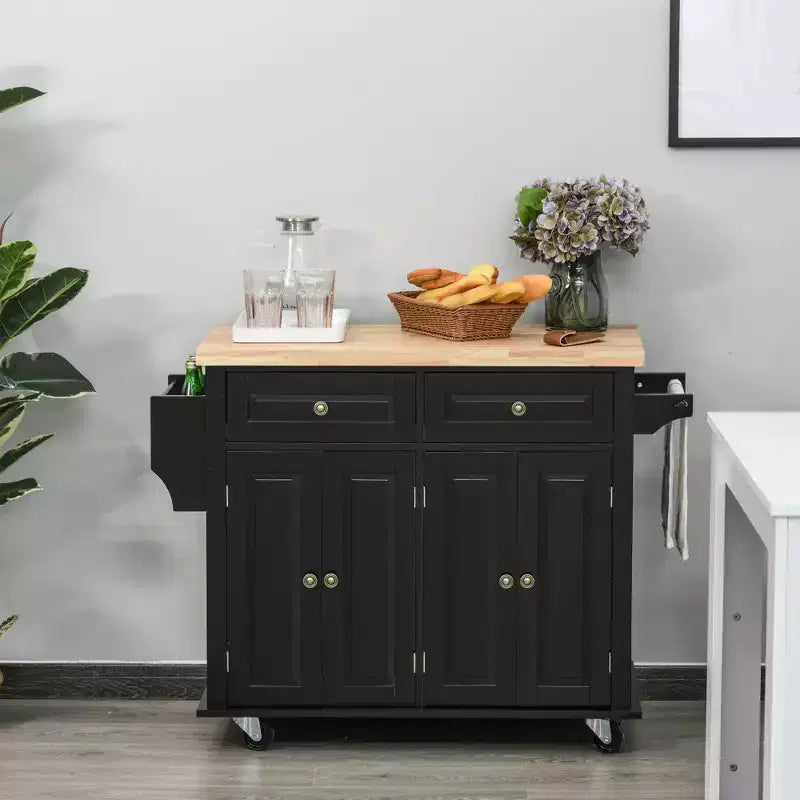 Isola da Cucina con Ruote | Piano in Legno di Gomma | Porta Spezie | Cassetti | 111.1 cm L