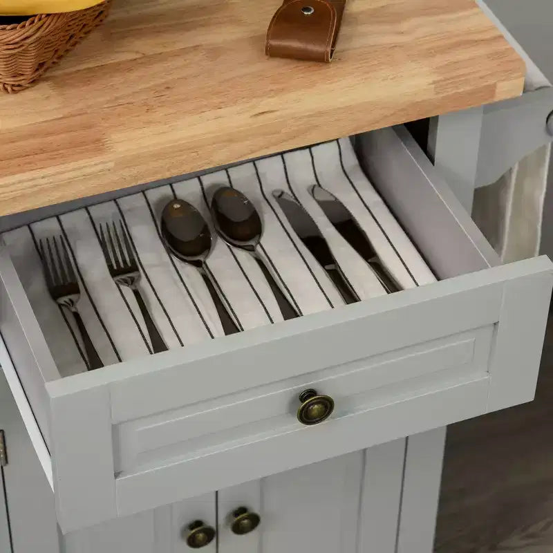 Isola da Cucina con Ruote | Piano in Legno di Gomma | Porta Spezie | Cassetti | 111.1 cm L