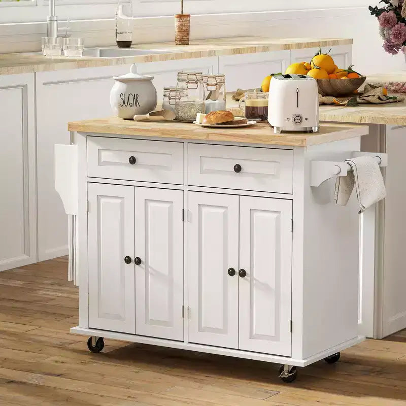 Isola da Cucina con Ruote | Piano in Legno di Gomma | Porta Spezie | Cassetti | 111.1 cm L