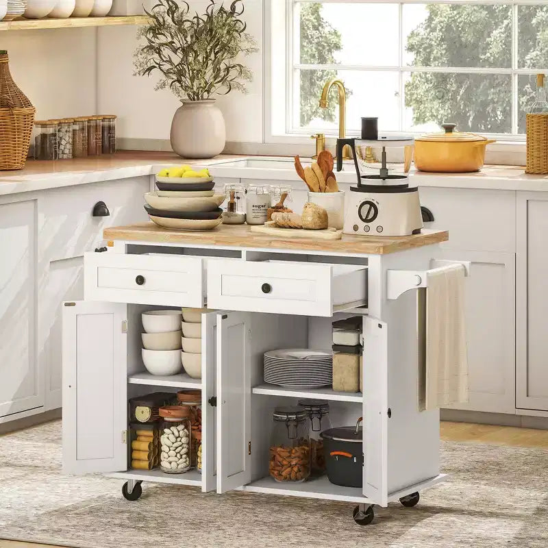 Isola da Cucina con Ruote | Piano in Legno di Gomma | Porta Spezie | Cassetti | 111.1 cm L