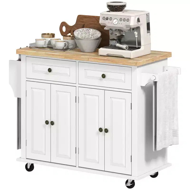 Isola da Cucina con Ruote | Piano in Legno di Gomma | Porta Spezie | Cassetti | 111.1 cm L