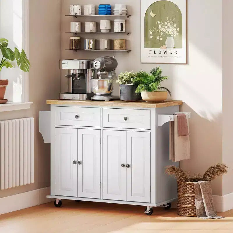 Isola da Cucina con Ruote | Piano in Legno di Gomma | Porta Spezie | Cassetti | 111.1 cm L