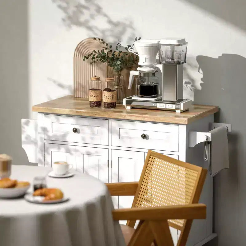 Isola da Cucina con Ruote | Piano in Legno di Gomma | Porta Spezie | Cassetti | 111.1 cm L