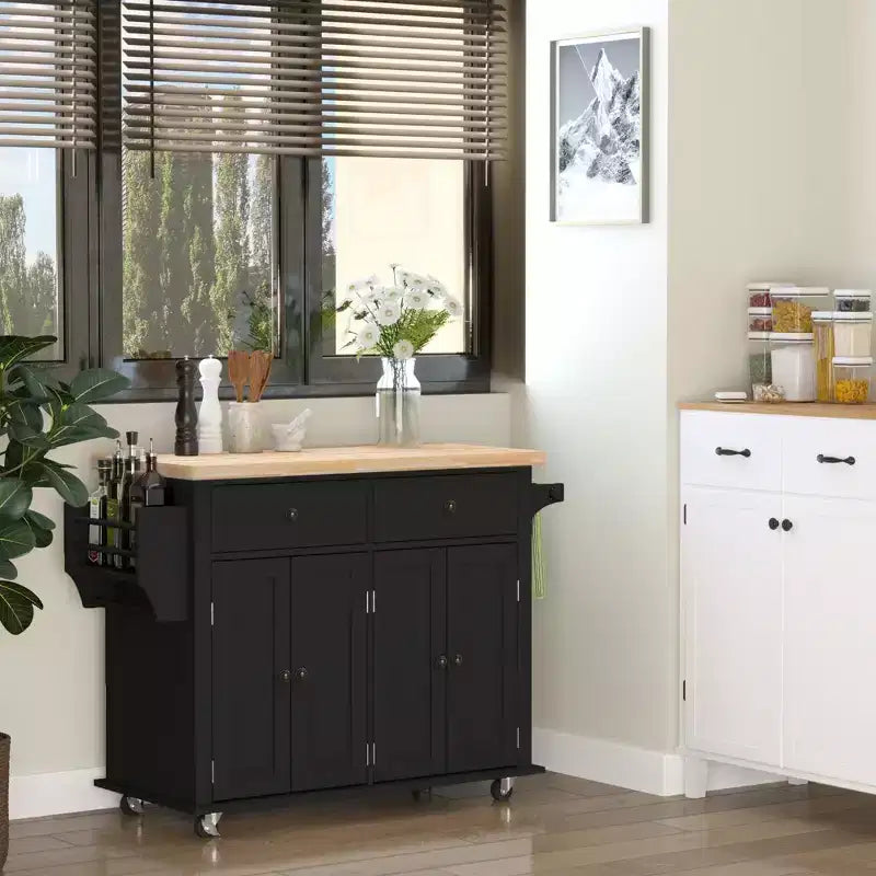 Isola da Cucina con Ruote | Piano in Legno di Gomma | Porta Spezie | Cassetti | 111.1 cm L