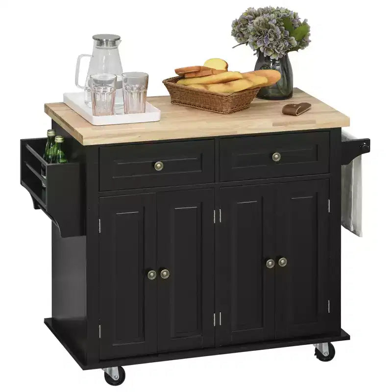 Isola da Cucina con Ruote | Piano in Legno di Gomma | Porta Spezie | Cassetti | 111.1 cm L
