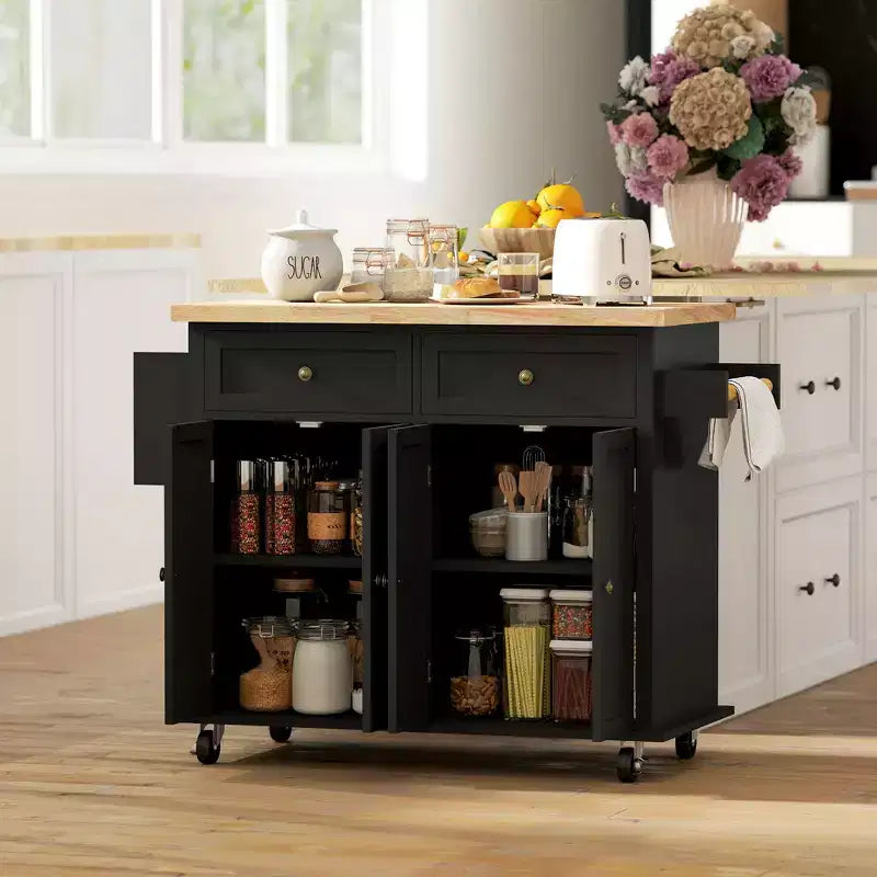 Isola da Cucina con Ruote | Piano in Legno di Gomma | Porta Spezie | Cassetti | 111.1 cm L