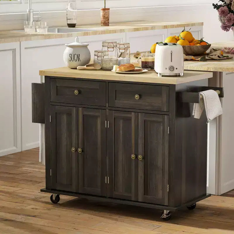 Isola da Cucina con Ruote | Piano in Legno di Gomma | Porta Spezie | Cassetti | 111.1 cm L