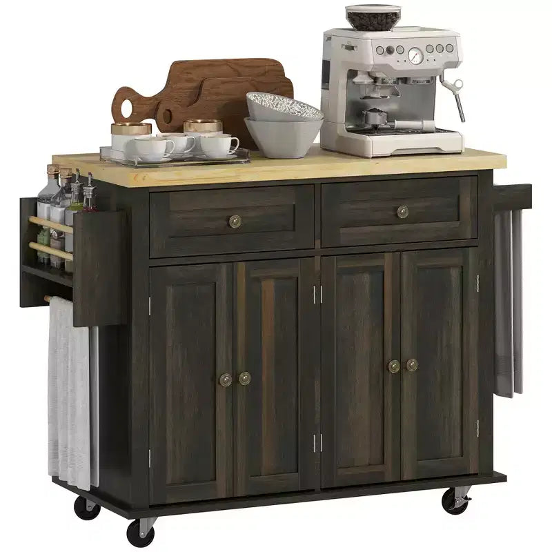 Isola da Cucina con Ruote | Piano in Legno di Gomma | Porta Spezie | Cassetti | 111.1 cm L