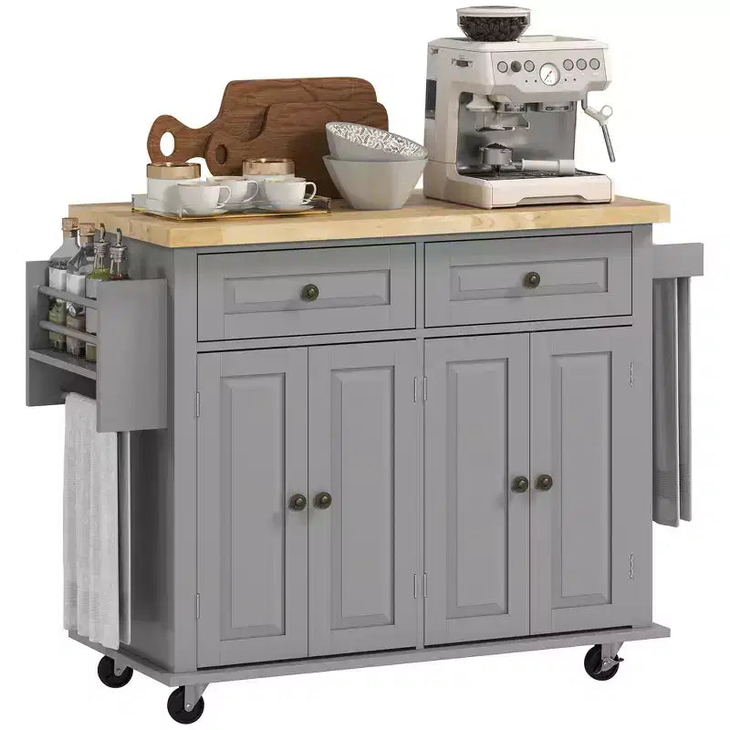 Isola da Cucina con Ruote | Piano in Legno di Gomma | Porta Spezie | Cassetti | 111.1 cm L