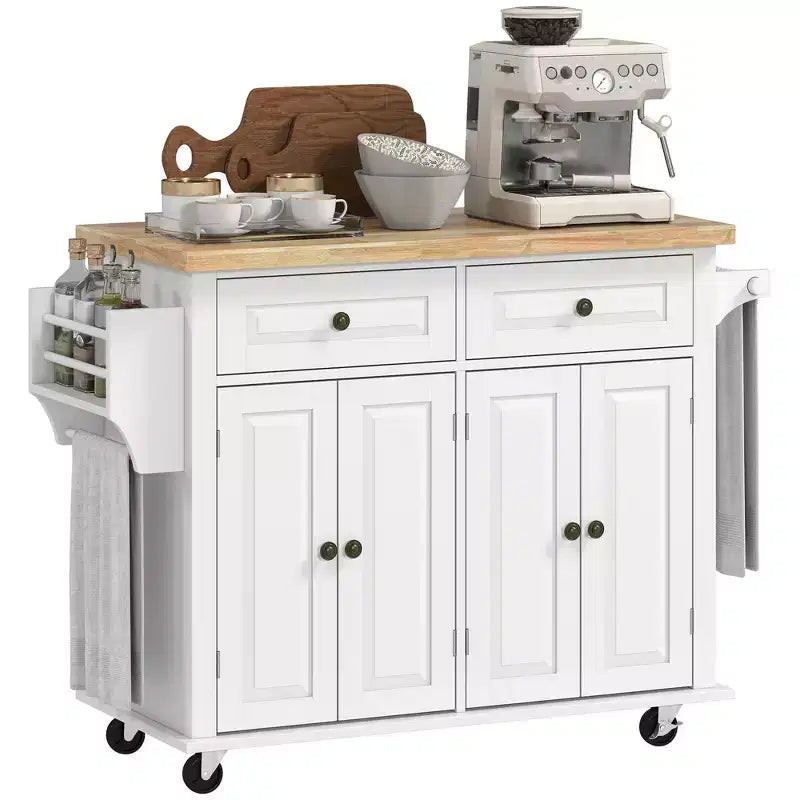 Isola da Cucina con Ruote | Piano in Legno di Gomma | Porta Spezie | Cassetti | 111.1 cm L