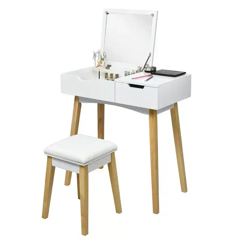 Set toeletta con sgabello imbottito | Specchio a ribalta | 1 cassetto | Scrivania | Bianco