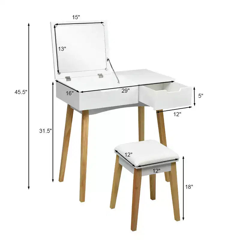 Set toeletta con sgabello imbottito | Specchio a ribalta | 1 cassetto | Scrivania | Bianco