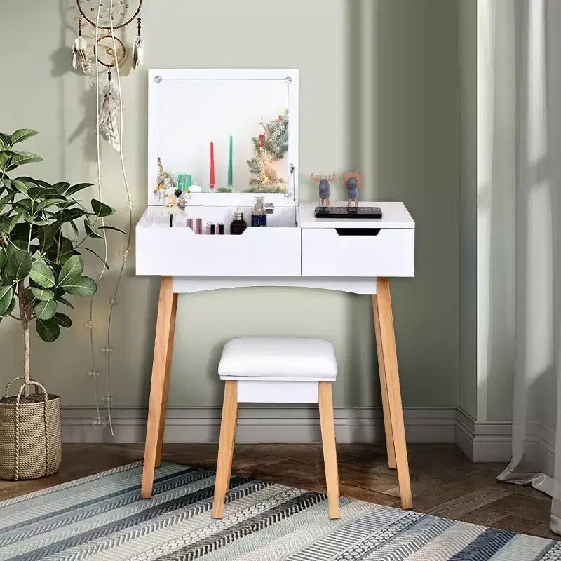 Set toeletta con sgabello imbottito | Specchio a ribalta | 1 cassetto | Scrivania | Bianco