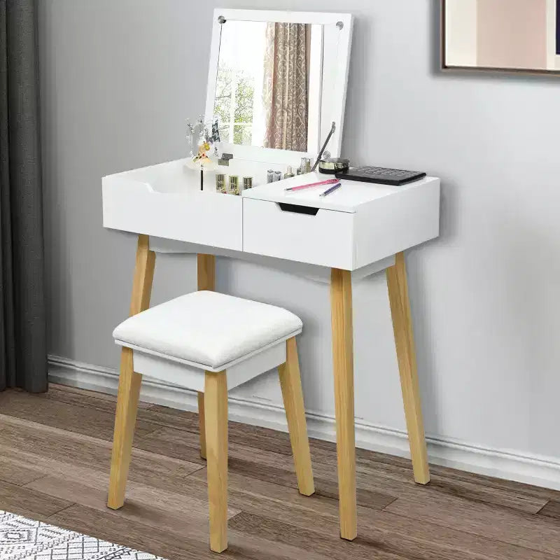 Set toeletta con sgabello imbottito | Specchio a ribalta | 1 cassetto | Scrivania | Bianco