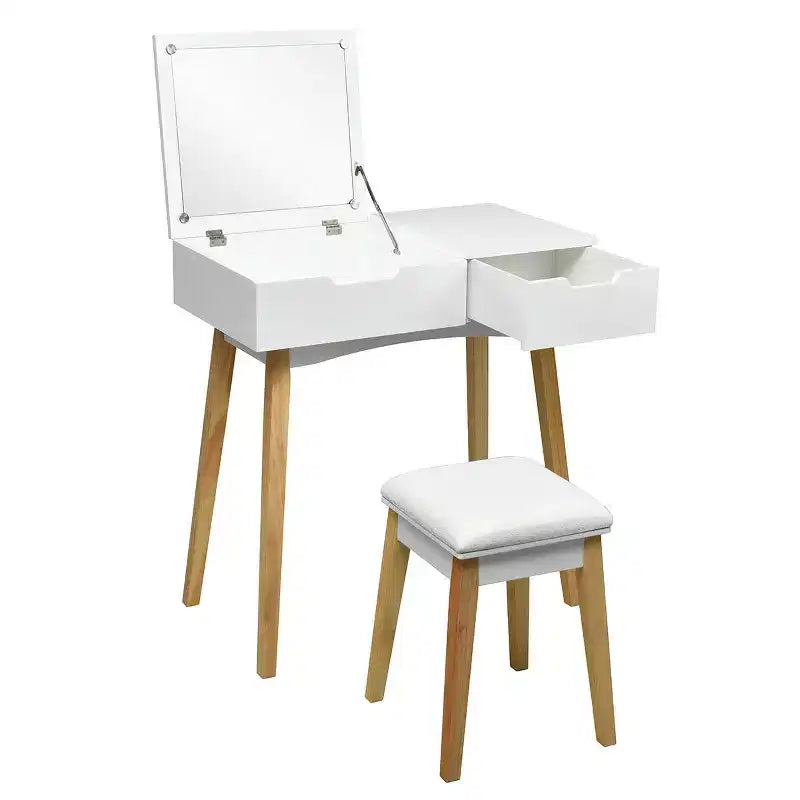 Set toeletta con sgabello imbottito | Specchio a ribalta | 1 cassetto | Scrivania | Bianco