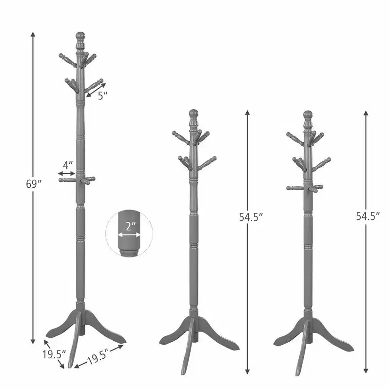 Appendiabiti da terra in legno | 9 Ganci | Altezza regolabile in 4 sezioni | Legno di gomma | Portata 28,5 kg