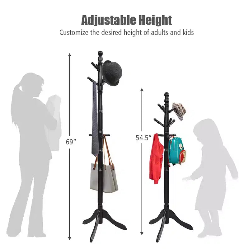 Appendiabiti da terra in legno | 9 Ganci | Altezza regolabile in 4 sezioni | Legno di gomma | Portata 28,5 kg