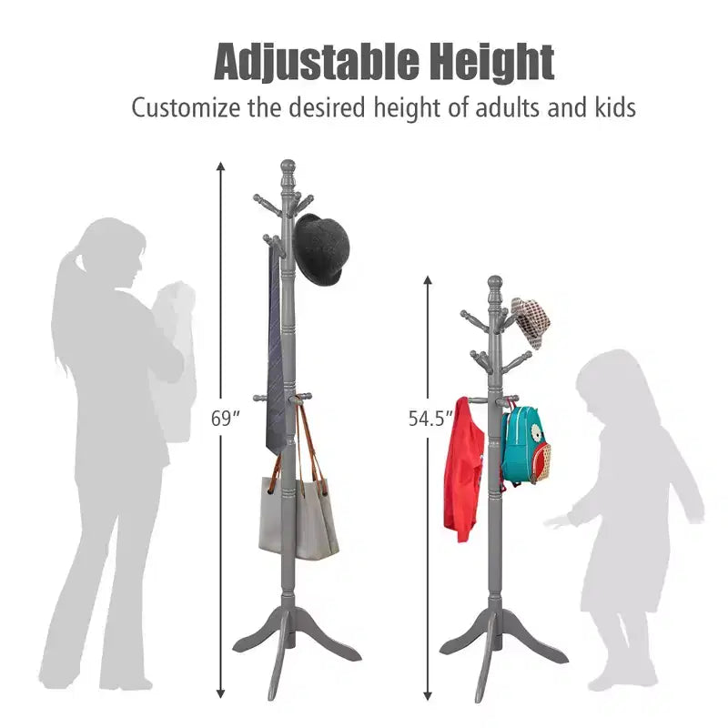 Appendiabiti da terra in legno | 9 Ganci | Altezza regolabile in 4 sezioni | Legno di gomma | Portata 28,5 kg