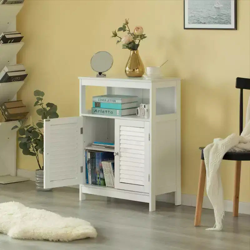 Mobiletto Bagno Bianco in Legno | 4 Ripiani | Regolabile | Ante a Doghe Orizzontali