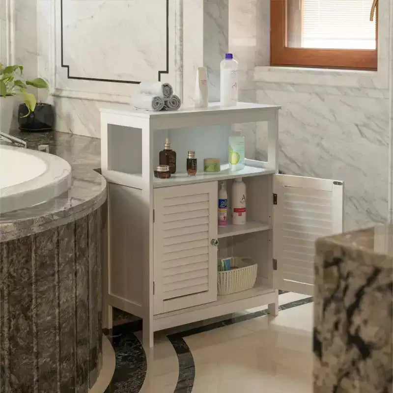Mobiletto Bagno Bianco in Legno | 4 Ripiani | Regolabile | Ante a Doghe Orizzontali