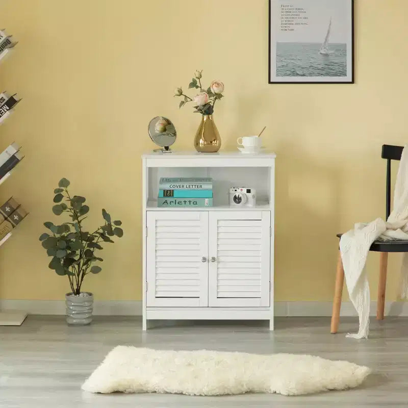 Mobiletto Bagno Bianco in Legno | 4 Ripiani | Regolabile | Ante a Doghe Orizzontali