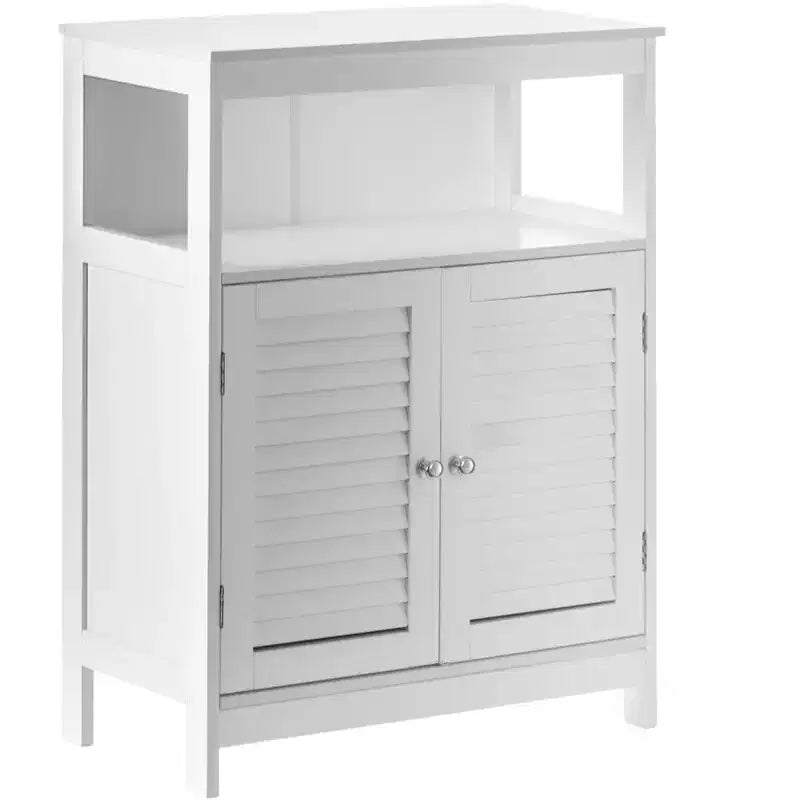 Mobiletto Bagno Bianco in Legno | 4 Ripiani | Regolabile | Ante a Doghe Orizzontali
