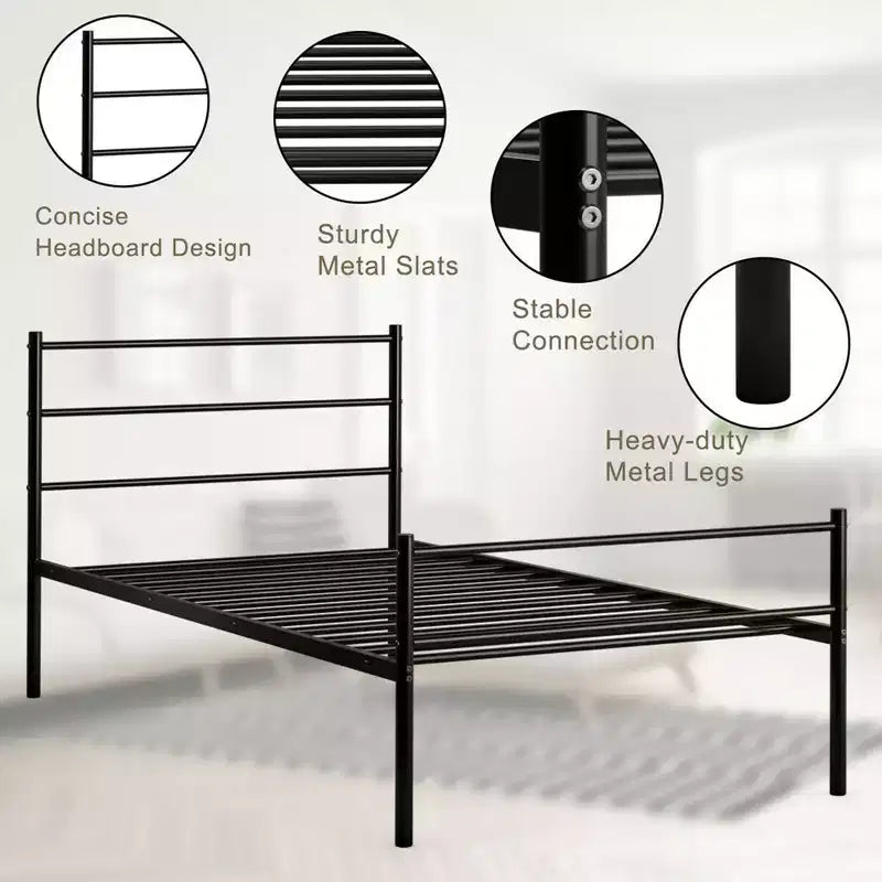 Struttura letto a piattaforma in metallo una piazza con testiera | Spazio sottostante 30 cm | Senza molle | Nero