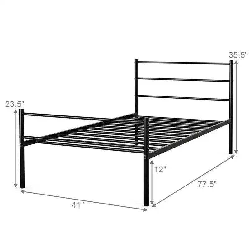 Struttura letto a piattaforma in metallo una piazza con testiera | Spazio sottostante 30 cm | Senza molle | Nero