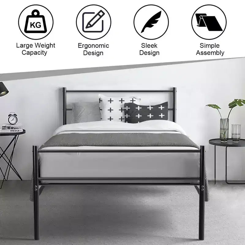 Struttura letto a piattaforma in metallo una piazza con testiera | Spazio sottostante 30 cm | Senza molle | Nero
