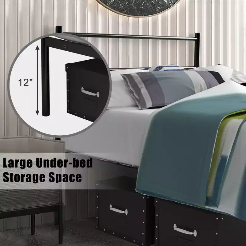Struttura letto a piattaforma in metallo una piazza con testiera | Spazio sottostante 30 cm | Senza molle | Nero
