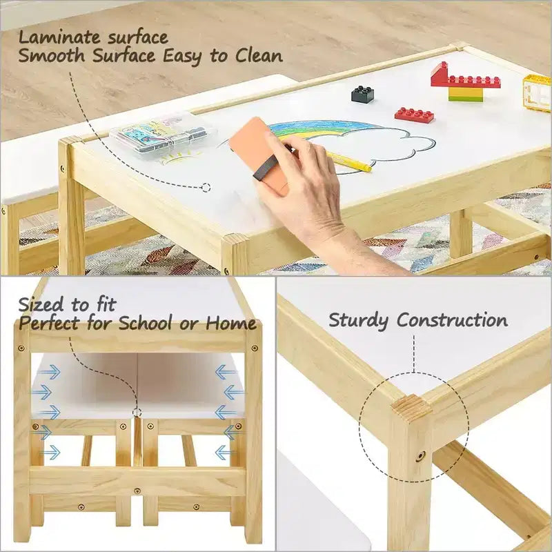 Tavolo e panca attività 3-in-1 in legno massello per bambini | Superficie lavagna bianca | Età 3+