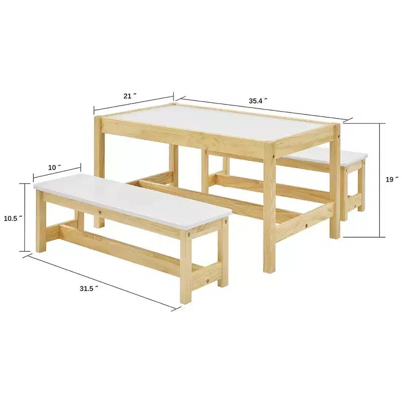 Tavolo e panca attività 3-in-1 in legno massello per bambini | Superficie lavagna bianca | Età 3+