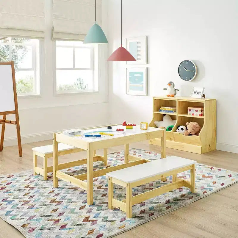 Tavolo e panca attività 3-in-1 in legno massello per bambini | Superficie lavagna bianca | Età 3+
