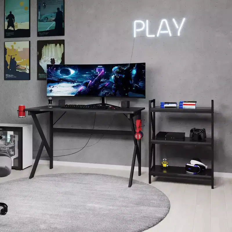 Console a 3 ripiani con libreria | Struttura in acciaio | Melamina con finitura fibra di carbonio | Nero | 13,6 kg/ripiano