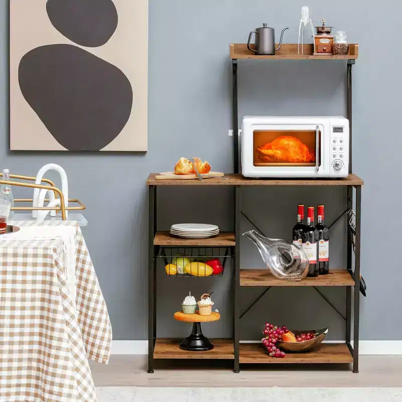 Scaffale da Cucina a 4 Ripiani | Porta Microonde | Cestello e 5 Ganci | Capacità 58 kg