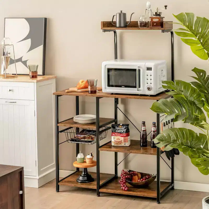 Scaffale da Cucina a 4 Ripiani | Porta Microonde | Cestello e 5 Ganci | Capacità 58 kg