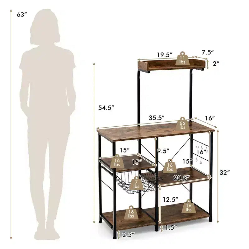 Scaffale da Cucina a 4 Ripiani | Porta Microonde | Cestello e 5 Ganci | Capacità 58 kg