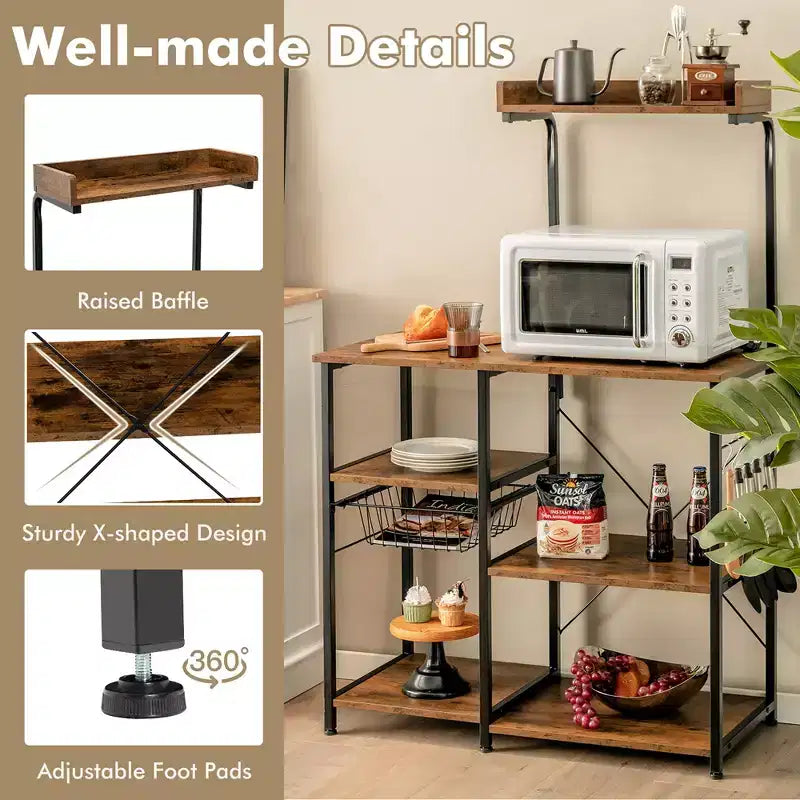 Scaffale da Cucina a 4 Ripiani | Porta Microonde | Cestello e 5 Ganci | Capacità 58 kg