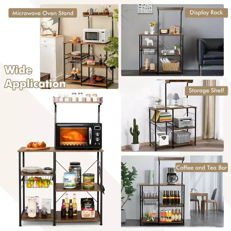Scaffale da Cucina a 4 Ripiani | Porta Microonde | Cestello e 5 Ganci | Capacità 58 kg