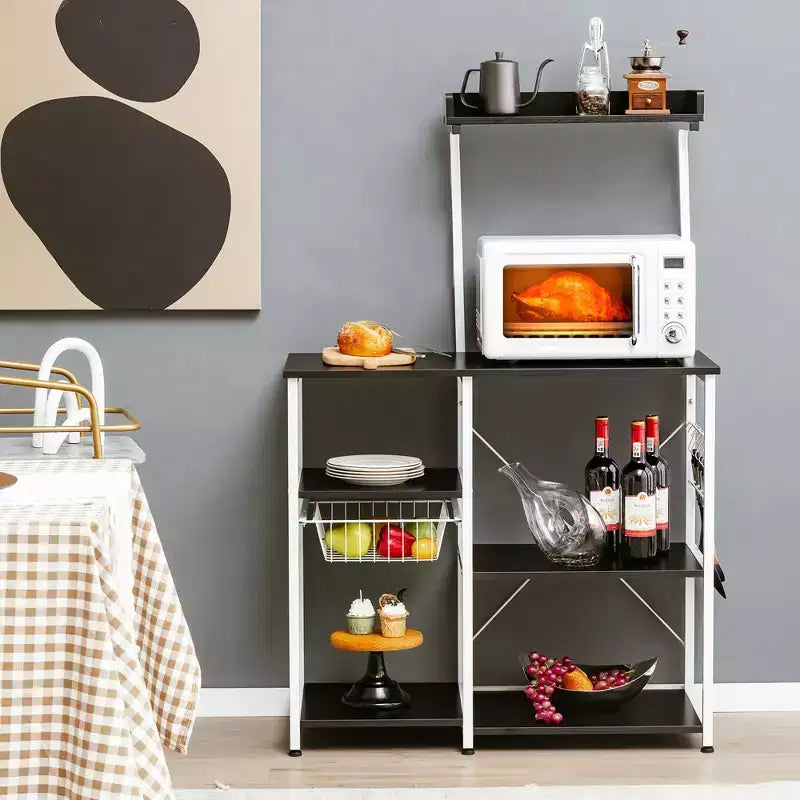 Scaffale da Cucina a 4 Ripiani | Porta Microonde | Cestello e 5 Ganci | Capacità 58 kg