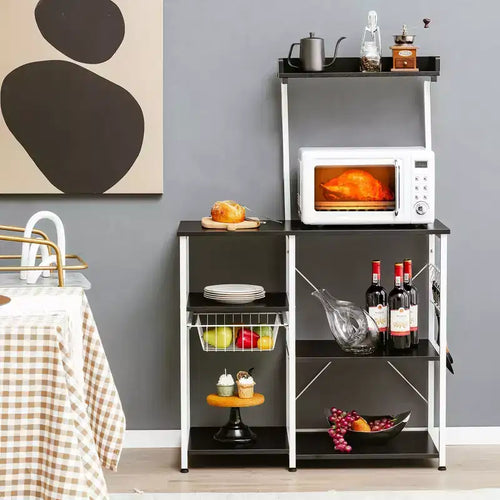 Scaffale da Cucina a 4 Ripiani | Porta Microonde | Cestello e 5 Ganci | Capacità 58 kg