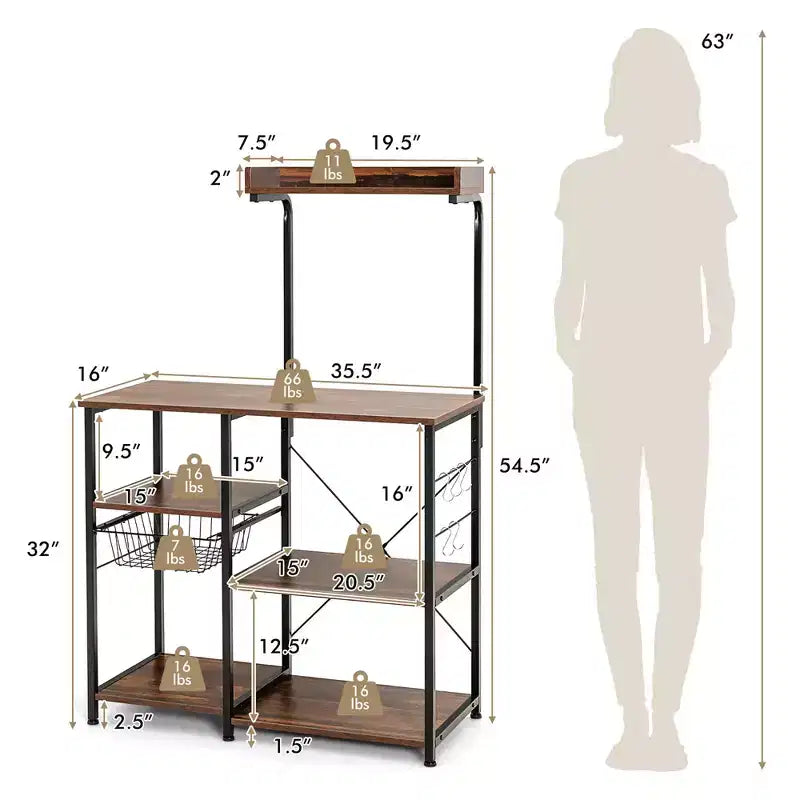 Scaffale da Cucina a 4 Ripiani | Porta Microonde | Cestello e 5 Ganci | Capacità 58 kg