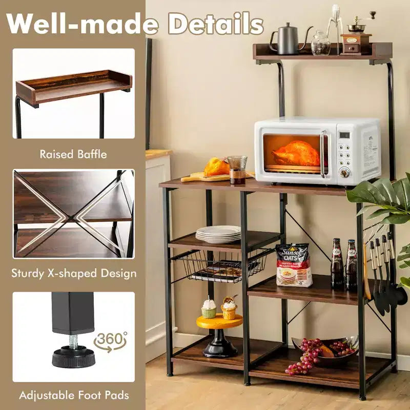 Scaffale da Cucina a 4 Ripiani | Porta Microonde | Cestello e 5 Ganci | Capacità 58 kg