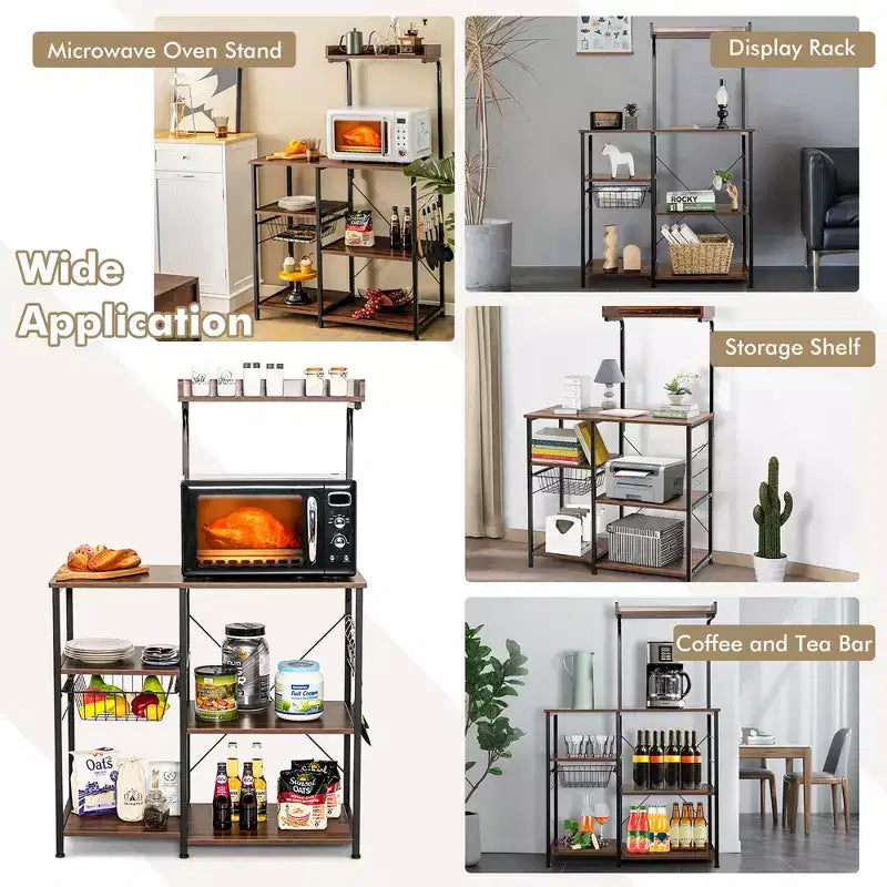 Scaffale da Cucina a 4 Ripiani | Porta Microonde | Cestello e 5 Ganci | Capacità 58 kg