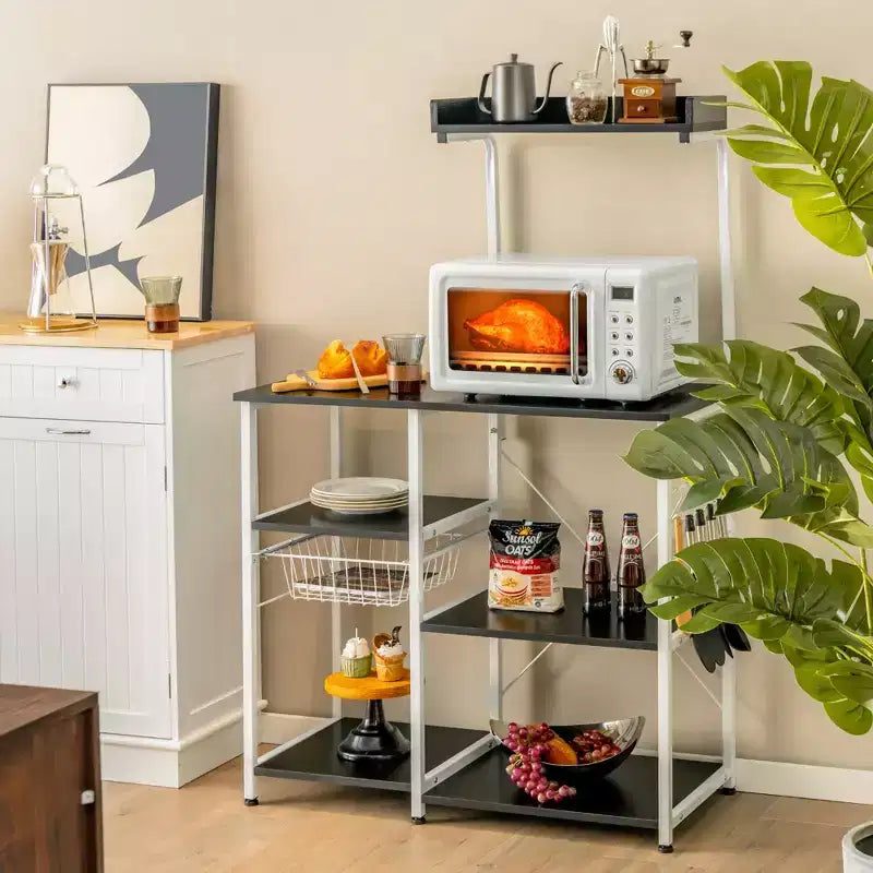Scaffale da Cucina a 4 Ripiani | Porta Microonde | Cestello e 5 Ganci | Capacità 58 kg