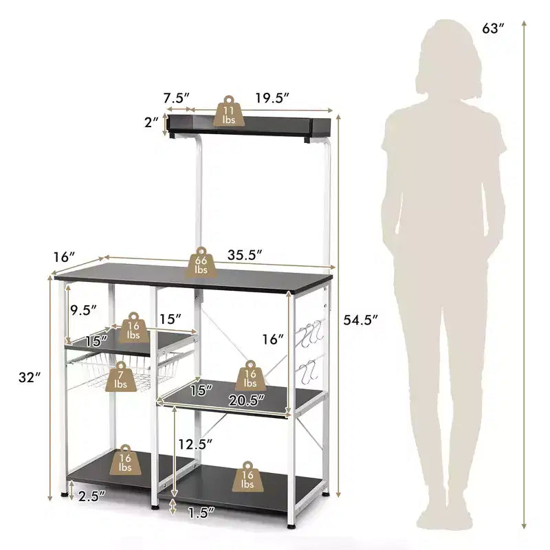 Scaffale da Cucina a 4 Ripiani | Porta Microonde | Cestello e 5 Ganci | Capacità 58 kg