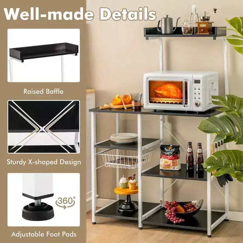 Scaffale da Cucina a 4 Ripiani | Porta Microonde | Cestello e 5 Ganci | Capacità 58 kg